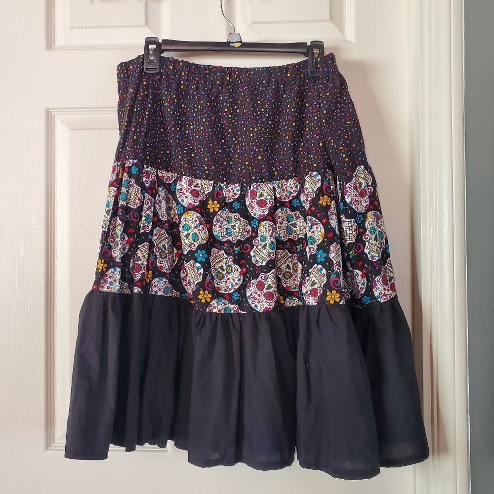 Dia De Los Muertos Sugar Skull Black Full Skirt Peasant Tiered Folkloric Flutter